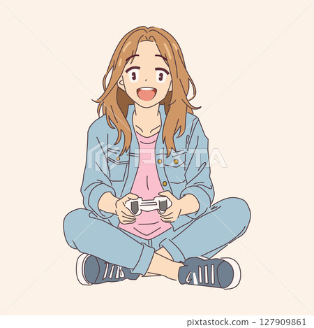 Animated Young Woman Enjoying Video Gaming 127909861