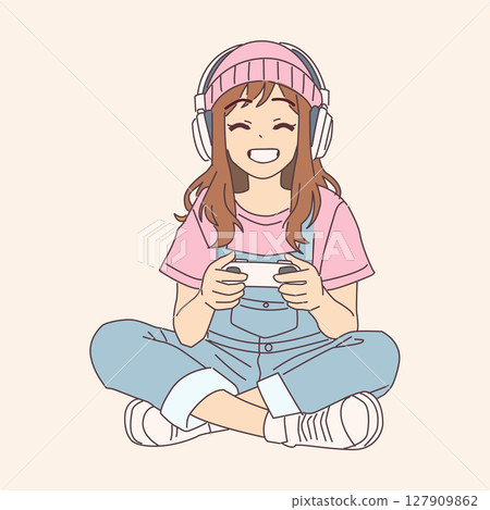 Happy girl gaming with headphones illustration 127909862