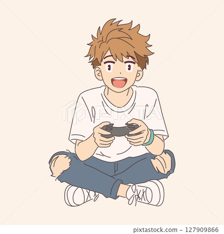 Cheerful Young Boy Playing Video Games Illustration 127909866