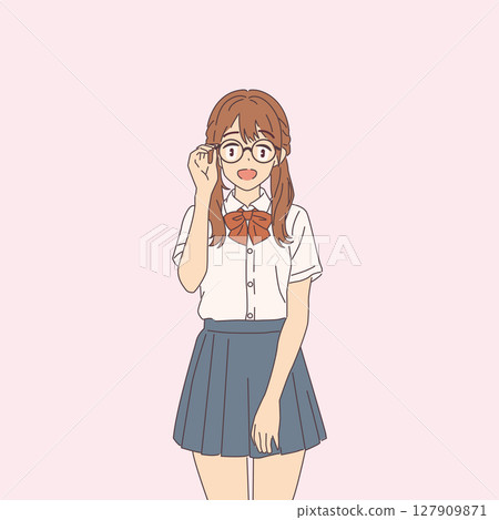 Smiling Schoolgirl in Uniform with Glasses 127909871
