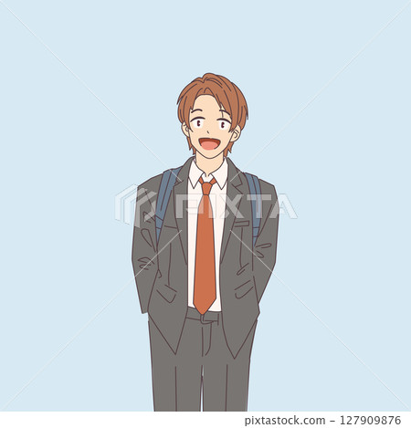 Happy young man in formal suit with backpack 127909876