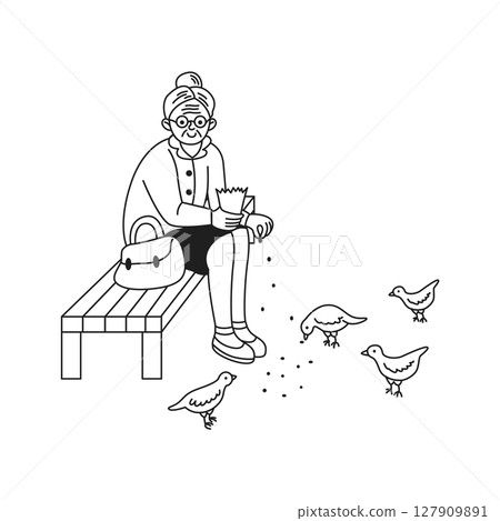 Elderly Woman Feeding Birds Illustration 127909891