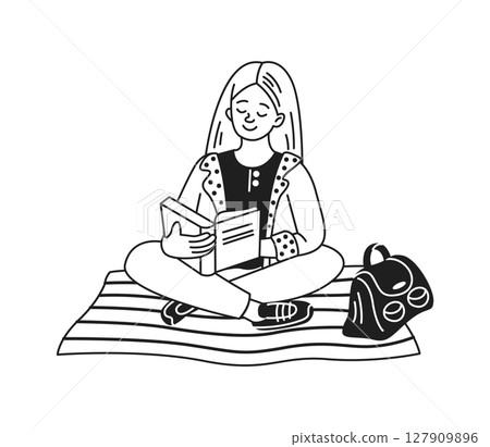 Girl Reading on Striped Blanket Illustration Girl Reading on Striped Blanket Illustration 127909896
