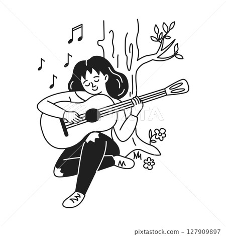 Young Woman Playing Guitar Under Tree Illustration 127909897