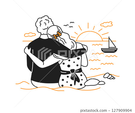 Couple Enjoying a Scenic Sunset Hugging Couple Enjoying a Scenic Sunset Hugging 127909904