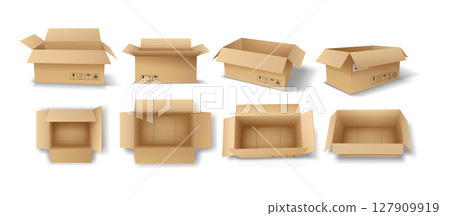 Various Open Cardboard Boxes on White Background 127909919