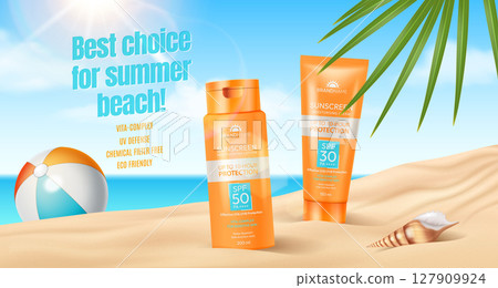 Sunscreen Products on Sandy Beach Background Sunscreen Products on Sandy Beach Background 127909924