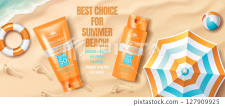 Summer Beach Essentials with Sunscreen Protection Summer Beach Essentials with Sunscreen Protection 127909925