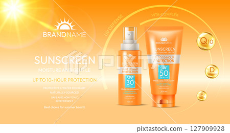 Sunscreen Product Advertisement on Bright Background Sunscreen Product Advertisement on Bright Background 127909928