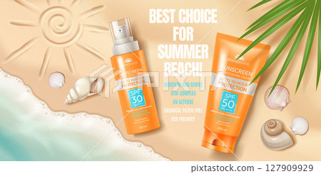 Sunscreen Products on Beach Background Sunscreen Products on Beach Background 127909929