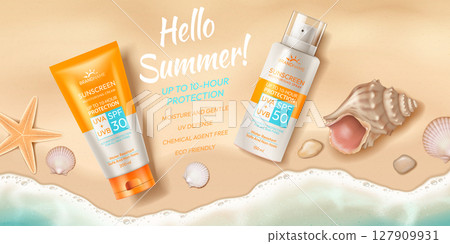 Sunscreen Products on Beach Sand Background 127909931