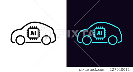 Outline AI car icon, with editable stroke. Electric SUV car with AI algorithms, artificial intelligence driving control system. Smart auto with autopilot system, automatic vehicle, robotaxi. Vector 127910011