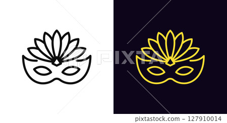 Outline carnival mask icon, with editable stroke. Carnival mask with feather decoration, Mardi Gras celebration. Brazil carnival, Venice masquerade, festival mask, festive face decoration. Vector icon 127910014