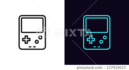 Outline retro game icon, with editable stroke. Portable gaming console icon, retro arcade videogames. Vintage game device with screen and controller buttons, play to arcade gadget. Vector icon Outline retro game icon, with editable stroke. Portable gaming console icon, retro arcade videogames. Vintage game device with screen and controller buttons, play to arcade gadget. Vector icon 127910015