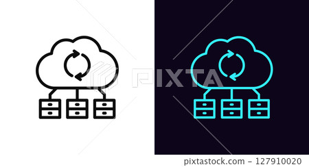 Outline cloud server icon, with editable stroke. Cloud infrastructure icon for secure data storage, digital space. Cloud computing technology, file datacenter, database update, data backup. Vector Outline cloud server icon, with editable stroke. Cloud infrastructure icon for secure data storage, digital space. Cloud computing technology, file datacenter, database update, data backup. Vector 127910020