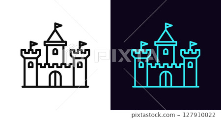 Outline medieval castle icon, with editable stroke. King castle with towers and flags, ancient fortress icon. Fairytale palace, chateau building, knight castle, medieval kingdom. Vector icon Outline medieval castle icon, with editable stroke. King castle with towers and flags, ancient fortress icon. Fairytale palace, chateau building, knight castle, medieval kingdom. Vector icon 127910022
