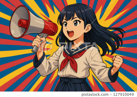 Anime-style woman (sailor suit, navy hair) holding a loudspeaker 127910049