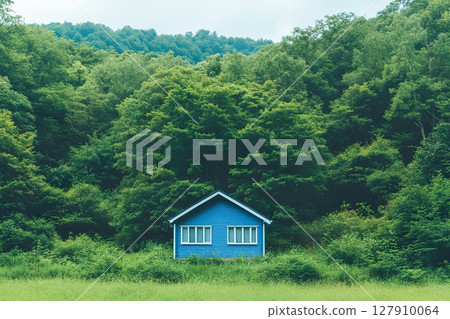 Serene blue cottage nestled amidst vibrant green forest, tranquil scene with meadow. 127910064