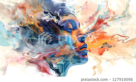 abstract surreal emotional colorful dreamlike melting abstract. face blends into vivid shapes on a soft surreal background. digital artwork for artistic and emotional use. abstract surreal emotional colorful dreamlike melting abstract. face blends into vivid shapes on a soft surreal background. digital artwork for artistic and emotional use. 127910098