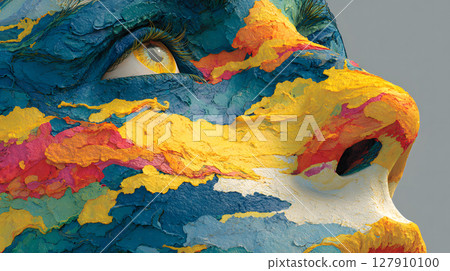 abstract surreal emotional colorful dreamlike melting abstract. face blends into vivid shapes on a soft surreal background. digital artwork for artistic and emotional use. 127910100