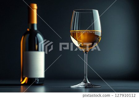 Stylish drinking. Wine Glass with white wine and a bottle of wine with a blank label next to it. Mockup for wine industry branding. 127910112