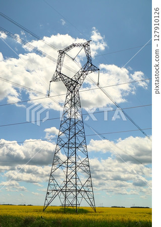 power line tower against blue sky power line tower against blue sky 127910126