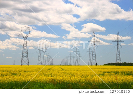 power line tower against blue sky power line tower against blue sky 127910130