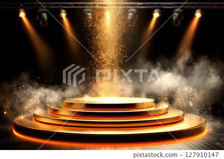 Gold stage with bright lights and mist. Ideal for victory events or showcase designs, this stunning setup glows. 127910147