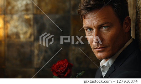 charismatic man stands single spotlight, holding deep red rose His brooding expression evokes intensity of dramatic moment, enhancing intimate atmosphere 127910374