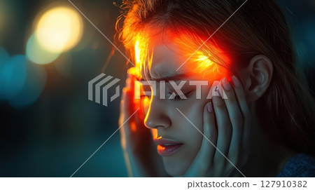 woman sits in dimly lit room her eyes closed, gripping her head in agony intense red glow emanates from her temples, symbolizing severe migraine discomfort 127910382