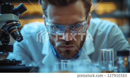 scientist in sterile laboratory analyzes high yield wheat seeds magnification, showcasing advanced research techniques for agricultural development and innovation 127910383
