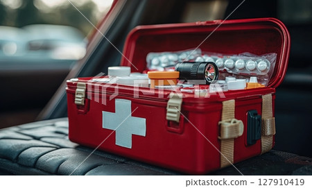 first aid kit in car trunk shows organized supplies including bandages, antiseptics, pain relievers, and flashlight ensuring readiness for emergencies while traveling 127910419