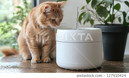cat curiously approaches self refilling water fountain activates motion high tech gadget seamlessly blends into sleek, modern home environment 127910424