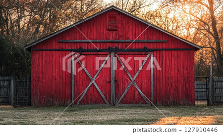 golden rays of evening sunlight spill over traditional red barn sliding metal mechanisms, creating warm and nostalgic atmosphere in peaceful farm landscape 127910446