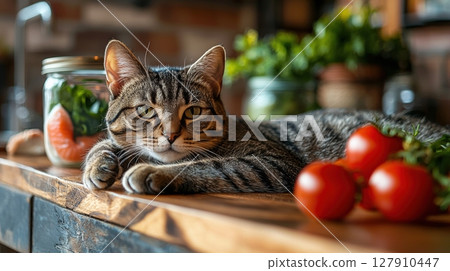 stylish cat relaxes on wooden surface while enjoying raw protein rich pet food Fresh ingredients like fish and greens in jars highlight natural nutrition for pets stylish cat relaxes on wooden surface while enjoying raw protein rich pet food Fresh ingredients like fish and greens in jars highlight natural nutrition for pets 127910447