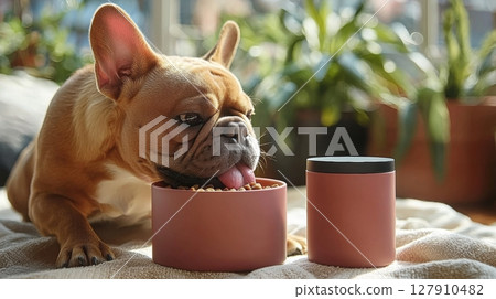 stylish French Bulldog eagerly licks gourmet wet food from minimalist ceramic bowl Beside it, chic food pouch enhances modern aesthetic, creating gourmet dining experience stylish French Bulldog eagerly licks gourmet wet food from minimalist ceramic bowl Beside it, chic food pouch enhances modern aesthetic, creating gourmet dining experience 127910482