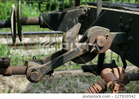 Rusty Train Hook Coupler and Spring Mechanism Detail 127910542