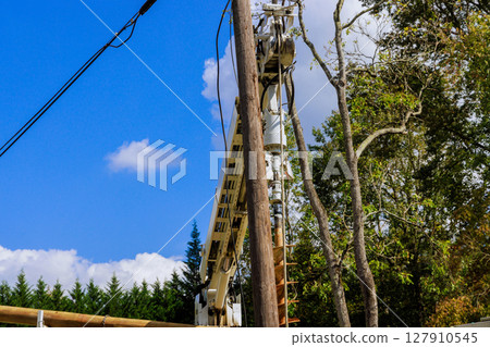 Utility technician works from truck, repairing power lines alongside tall trees after hurricane 127910545