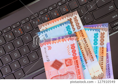 Tanzanian shilling banknotes are arranged on laptop keyboard, showcasing intersection of currency technology. 127910549