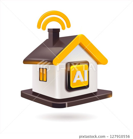 Icon for AI and smart home concept design, charming house with yellow roof in 3D realism style, cartoon design, 3D plastic with glossy highlights. 127910556