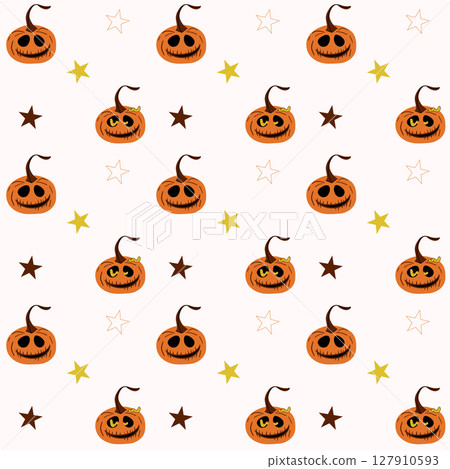 Seamless halloween pumpkin ghost cartoon illustration with scary face 127910593
