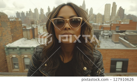 Trendy woman stands confidently on rooftop rose gold cat eye glasses stunning city skyline is reflected in her stylish eyewear as sun sets in background 127910626
