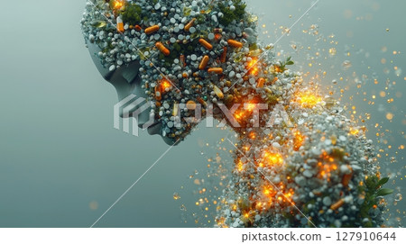 human figure crafted from vitamins and supplements showcases glowing areas, symbolizing optimal health and vitality composition emphasizes harmony between wellness and nature 127910644