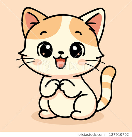 Kawaii cartoon cat vector in a hand-drawn style with a joyful expression. 127910702