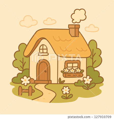 Colorful Cottage Wooden House with Flowers and Trees Illustration 127910709