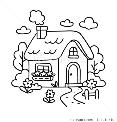 Cottage Wooden House Coloring Page Illustration 127910710
