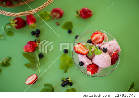 Berry dessert with mint and green composition Berry dessert with mint and green composition 127910745