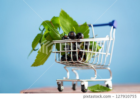 Ripe blackcurrants in a basket on a blue background 127910755