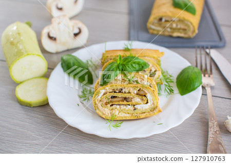 Summer vegetable zucchini roll with cheese Summer vegetable zucchini roll with cheese 127910763