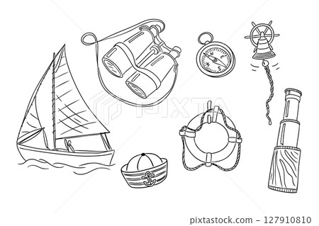 Hand drawn set of sailing elements including boat, binoculars, compass, and lifebuoy for nautical adventure. 127910810